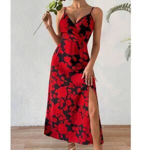 SHEIN Curve Boho Floral Maxi Dress Red Black Sleeveless Summer 1XL